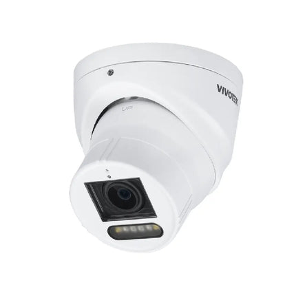 Front view of the Vivotek IT9383-HTVW 5MP outdoor turret camera showing the Sony STARVIS 2 lens and dual-light illuminators.