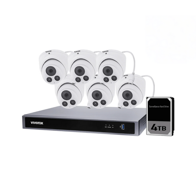 VIVOTEK 5MP + 8 Channel Kit : 6 x Fixed Turret Cameras &  NVR with 4TB, Kit-VIVO-5MP8064T