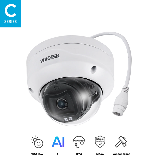 VIVOTEK 5MP Fixed Dome Camera FD9383-HV 2.8MM, 5MP@30 fps, Trend Micro IoT Security, Smart VCA, Vision Object Analytics, WDR Pro, IP66/IK10, 30M IR