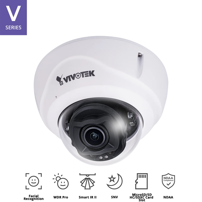 VIVOTEK 5MP Fixed Dome Camera FD9387-FR-V2, Facial Recognition, H.265, Up to 10,000 Facial Profiles, WDR Pro, SNV, 50M IR, Smart IR II