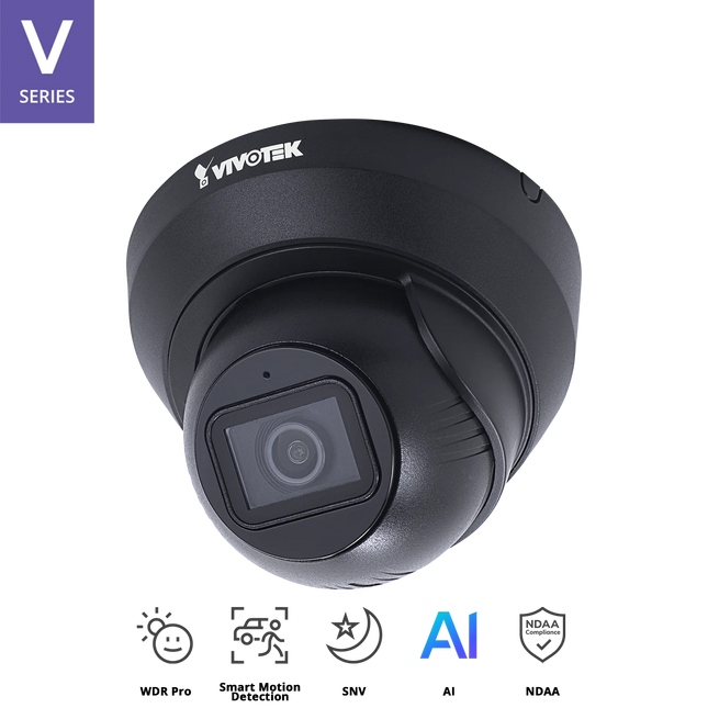 Vivotek IT9389-H-v2-BLK 5MP outdoor black turret security camera with wide-angle lens.