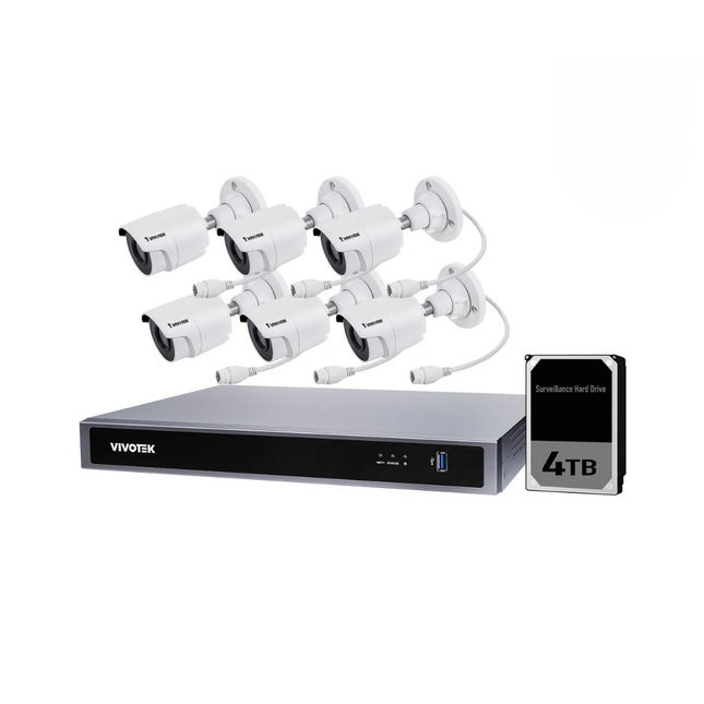 VIVOTEK 5MP + 8 Channel Kit : 6 x Fixed Bullet Cameras & NVR with 4TB, Kit-VIVO-5MP8064B