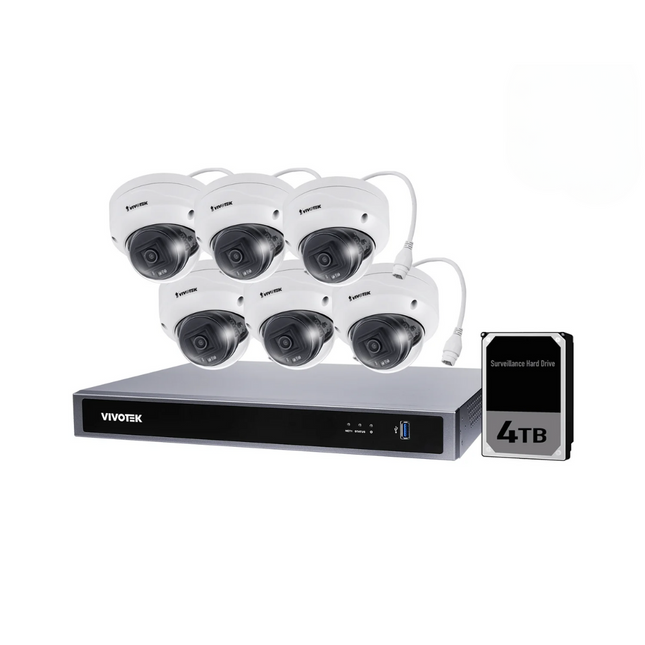 VIVOTEK 5MP + 8 Channel Kit : 6 x Fixed Dome Cameras & NVR with 4TB, Kit-VIVO-5MP8064D