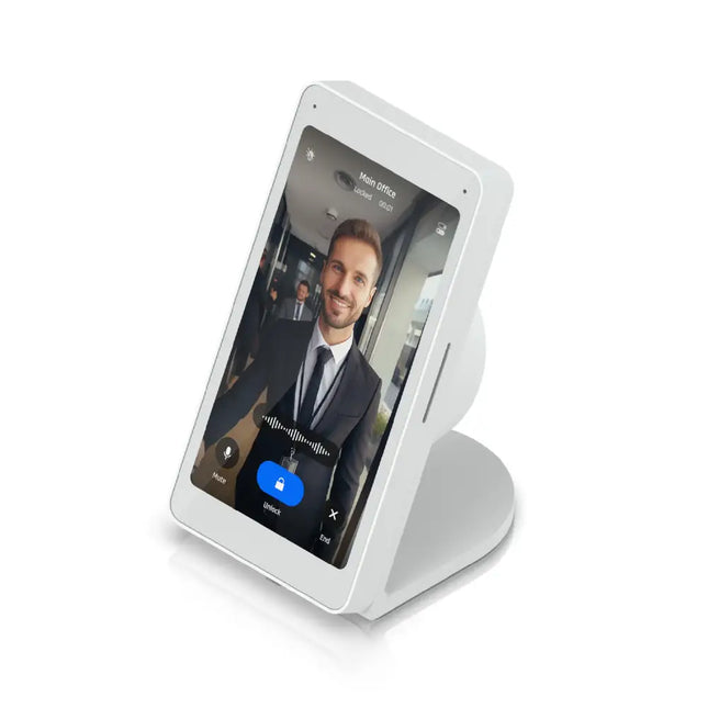 Ubiquiti UACC-Intercom-Viewer-TS table stand deployed on a modern corporate reception desk setup.