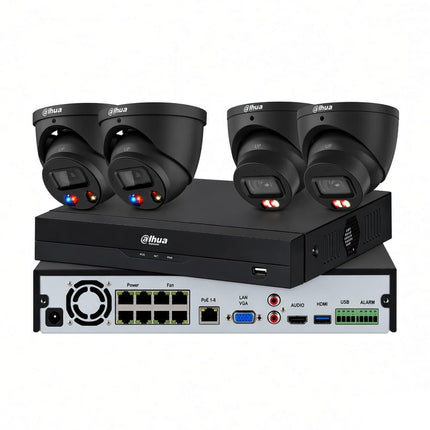 Dahua 4 × 8MP full-colour CCTV kit – 2 × black TiOC 3.0 active deterrence turrets + 2 × Smart Dual-Light turrets with AcuPick NVR 5208, front and rear view