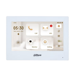 Front view of the Dahua DHI-VTH2621GW-P 7-inch IP indoor intercom monitor in a clean white finish, showcasing its crisp capacitive touchscreen display panel.  