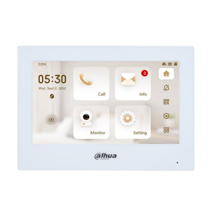 Front view of the Dahua DHI-VTH2621GW-P 7-inch IP indoor intercom monitor in a clean white finish, showcasing its crisp capacitive touchscreen display panel.  