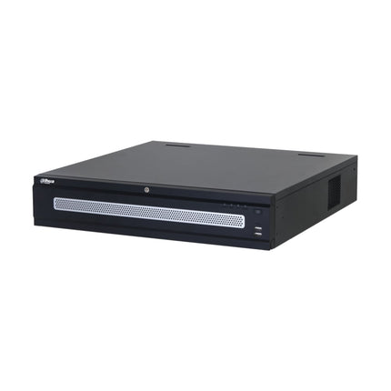Dahua DHI-NVR608H-32-AI/ANZ 32-channel WizMind AcuPick NVR rack-mounted in an enterprise control-room cabinet with multi-monitor wall