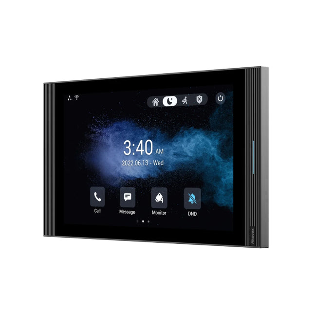 Close-up of the active 1280x800 resolution display on the Akuvox S567G room station, demonstrating the Android 12 smart home user interface and quad-speaker communication layout.