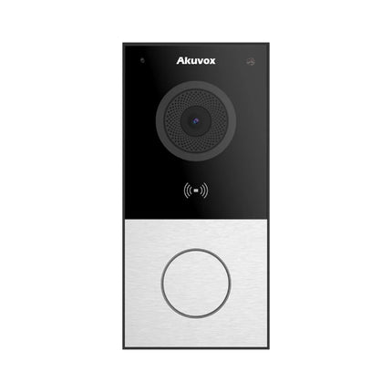 Detailed view of the 2-megapixel high-definition camera on the Akuvox smart intercom, showing the 123-degree wide-angle lens setup and white LED light sensor for nighttime automatic illumination.  