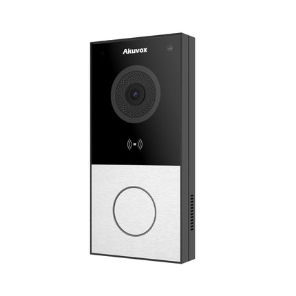 Close-up of the front panel contactless sensor zone on the Akuvox E12W door bell, highlighting its compatibility with 13.56MHz Mifare RFID cards, NFC, and Bluetooth BLE smartphone authentication.
