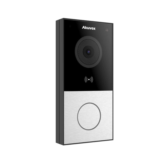Front view of the compact Akuvox E12W SIP wireless video doorphone in black and brushed aluminum, featuring a single backlit call button and integrated 2MP camera lens.