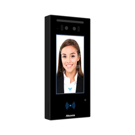 Close-up of the Akuvox E16C showing its dual 2MP WDR cameras with AI-powered face recognition and mask detection technology