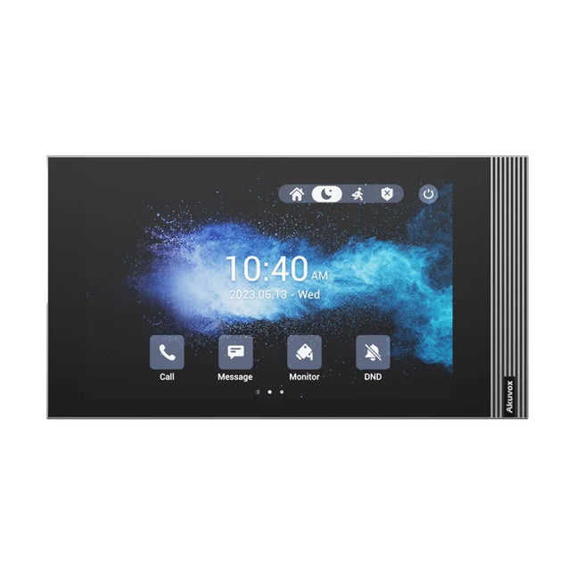 Akuvox S562 premium 7-inch Linux SIP indoor touchscreen intercom monitor displaying an interactive smart home user interface