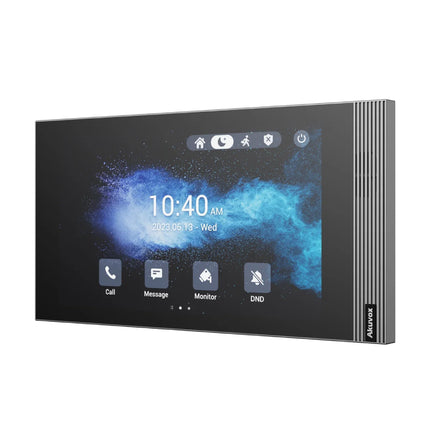 Close up of the Akuvox S562 featuring a 1024x600 resolution capacitive touchscreen display with a hidden microphone and 2W speaker for crystal clear two-way audio