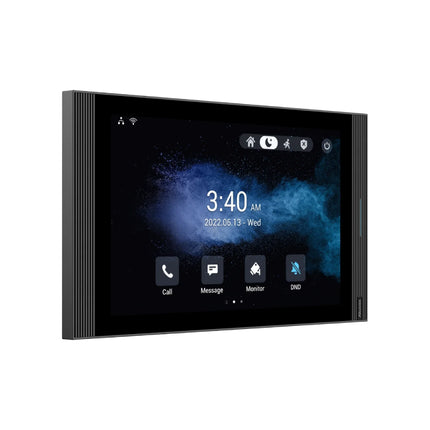 Side angle profile view of the wall-mounted Akuvox 10-inch indoor station, highlighting its ultra-slim high-end casing, minimalist depth, and integrated microphone array housing.