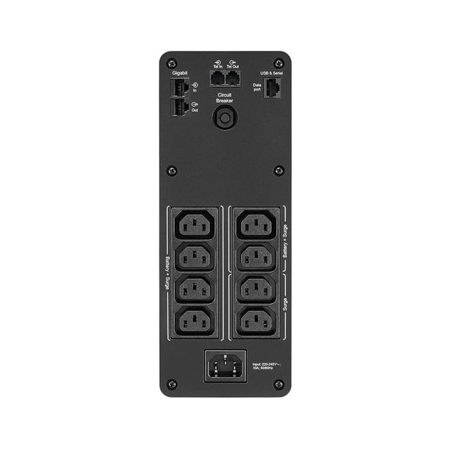 APC BR1200SI rear view showing IEC C13 battery backup and surge protection outlets
