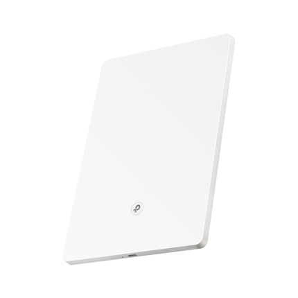 Side angled view of the Archer Air E5 wireless extender, highlighting its innovative paper-thin chassis designed to lay flat against walls.