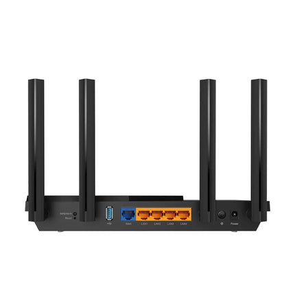 Rear view of TP-Link Archer AX55 router displaying the Gigabit ports, USB port, and power connection.