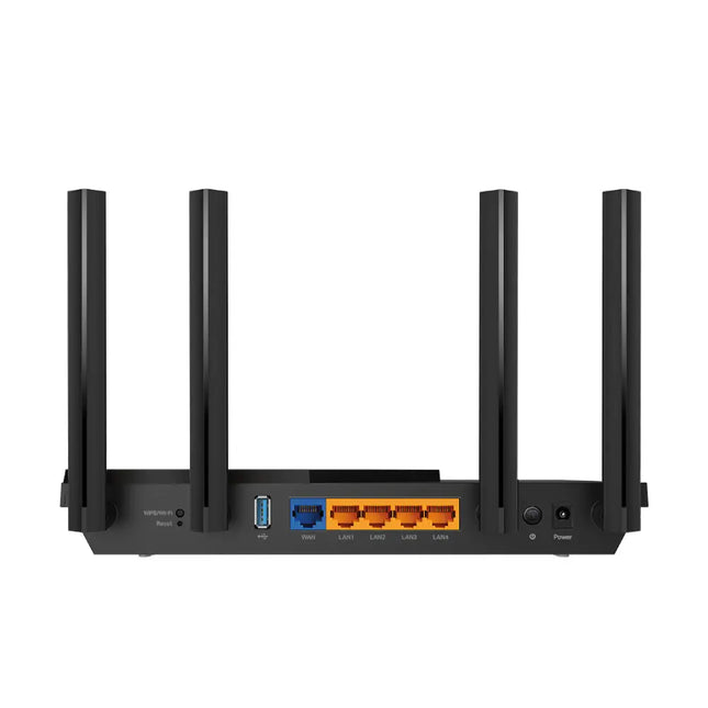 Rear view of TP-Link Archer AX55 router displaying the Gigabit ports, USB port, and power connection.