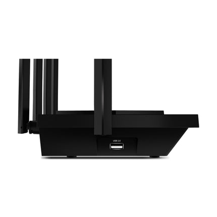 Rear view of the TP-Link Archer AXE75 router highlighting the Gigabit WAN/LAN ports, USB 3.0 port, and power button.