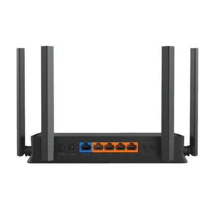 Detailed view of the rear panel of the Archer BE220 router, highlighting the 1 Gbps WAN port, four 1 Gbps LAN ports, and physical power buttons.