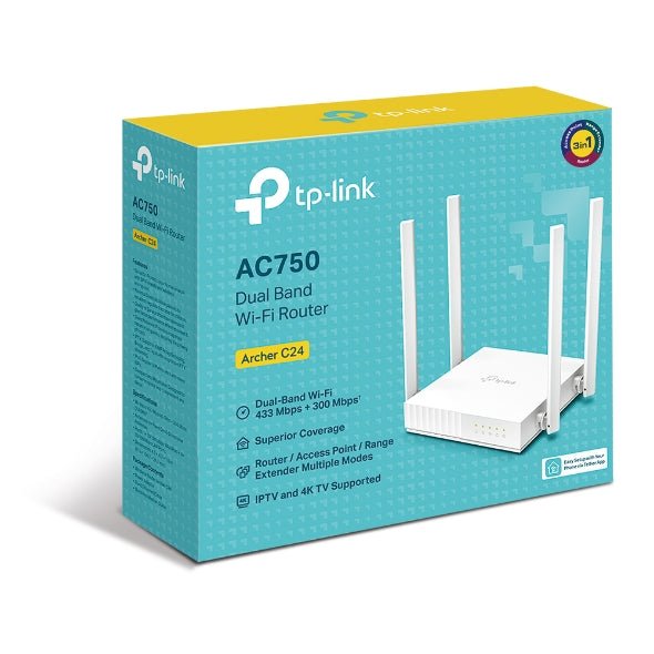 TP - Link Archer C24 AC750 Dual - Band Wi - Fi Router 2.4GHz 300Mbps 5GHz 433Mbps 4xLAN 1xWAN 4xAntennas, WPS, Router Access Point and Range Extender Modes - CCTV Guru