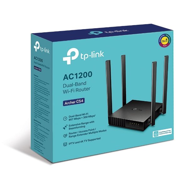 TP - Link Archer C54 AC1200 Dual - Band Wi - Fi Router 2.4GHz 300Mbps 5GHz 867Mbps 4xLAN 1xWAN 4xAntennas, WPS, Router Access Point and Range Extender Modes - CCTV Guru