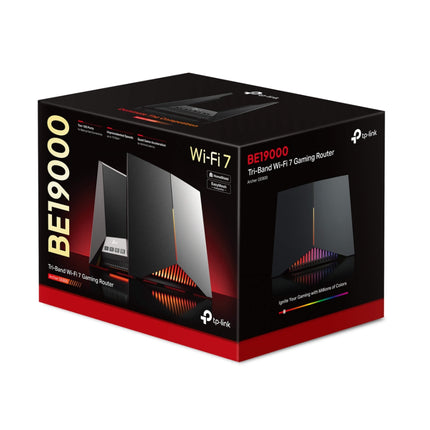 Official retail box packaging for the TP-Link Archer GE800 BE19000 tri-band wireless gaming router.