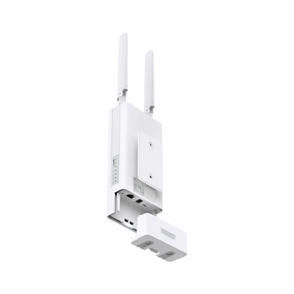 The Archer MR402-Outdoor 4G mobile broadband router mounted to an outdoor pole on a residential property.