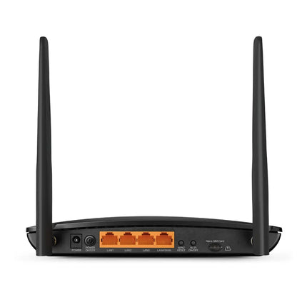 Rear view of the TP-Link Archer MR600 router showcasing the Micro SIM card slot and four Gigabit Ethernet ports.