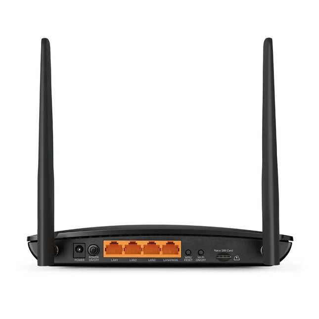 Rear view of the TP-Link Archer MR600 router showcasing the Micro SIM card slot and four Gigabit Ethernet ports.