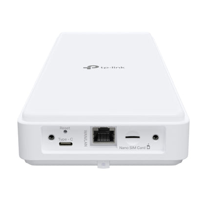 Underside port layout of the Archer NX500-Outdoor highlighting the weatherproof SIM card slot and PoE ethernet port.