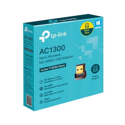 Official retail packaging for the TP-Link Archer T1300U Nano wireless MU-MIMO USB adapter.
