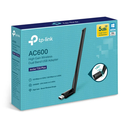 A TP-Link Archer T2U Plus adapter plugged into a laptop's USB port, demonstrating its sleek design and how the high-gain antenna provides a stable connection for PCs and Macs.