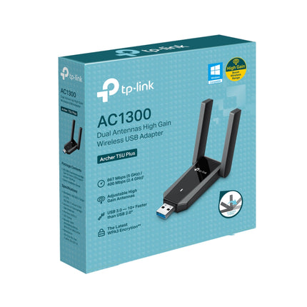 Product infographic illustrating the AC1300 dual-band wireless speeds of the Archer T5U Plus for lag-free HD streaming and browsing.