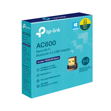 Official retail packaging for the TP-Link Archer T600UB Nano AC600 wireless and Bluetooth USB adapter.