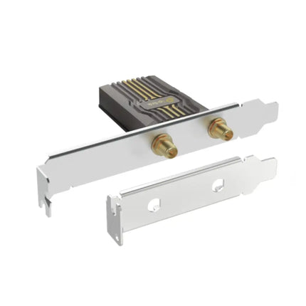Two detachable black high-gain tri-band antennas included with the Archer TBE400E network card, designed to extend Wi-Fi range and increase signal stability.