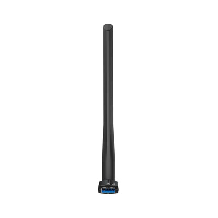 Close-up of the TP-Link Archer TBE400U Plus wireless network card showcasing its adjustable multi-directional high-gain antennas.