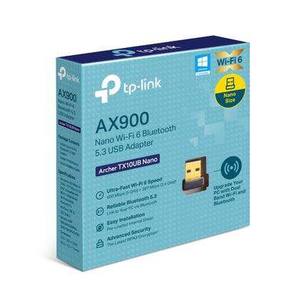 The compact, low-profile fingertip-sized design of the TP-Link Archer TX10UB Nano wireless network card.