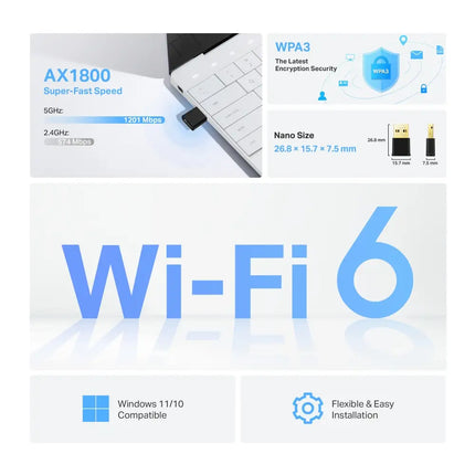 Compact TP-Link Archer TX20U Nano AX1800 dual-band Wi-Fi 6 wireless USB adapter plugged into a laptop.