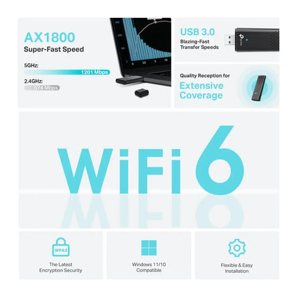 Close-up of the TP-Link Archer TX20U AX1800 USB Wi-Fi 6 adapter plugged into a laptop port for an instant network upgrade.