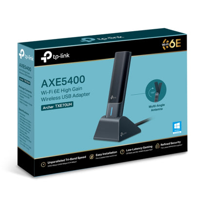 Graphic demonstrating the Archer TXE70UH AXE5400 adapter utilizing the 6GHz Wi-Fi 6E band for low-latency gaming.
