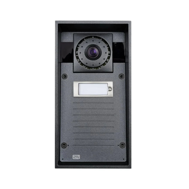 Front view of the Axis 2N IP Force outdoor intercom station (01337-001) in matte black, showcasing its single backlit call button and heavy-duty aluminum anti-vandal frame.