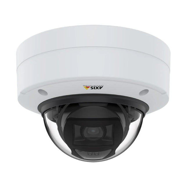 AXIS P3268-LVE (02332-001) 8MP 4K vandal-resistant outdoor dome camera with integrated weather shield isolated on a white background.