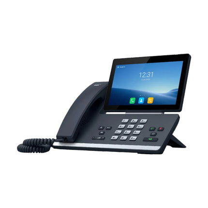 Side angle profile of the tiltable 2N IP Phone D7A console running Android OS, highlighting its ergonomic physical function keys, dedicated speakerphone button, and premium office-ready chassis layout.