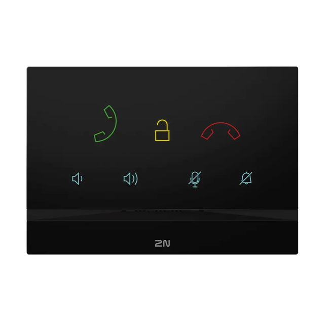 Front view of the AXIS 2N Indoor Talk IP answering unit in black featuring a 3mm tempered glass panel and back-lit capacitive touch icons.