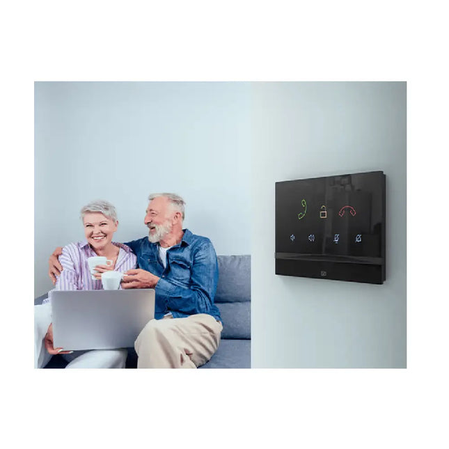 Flush-mounted AXIS 2N Indoor Talk answering unit installed in a luxury residential hallway showcasing its ultra-slim 11mm profile.