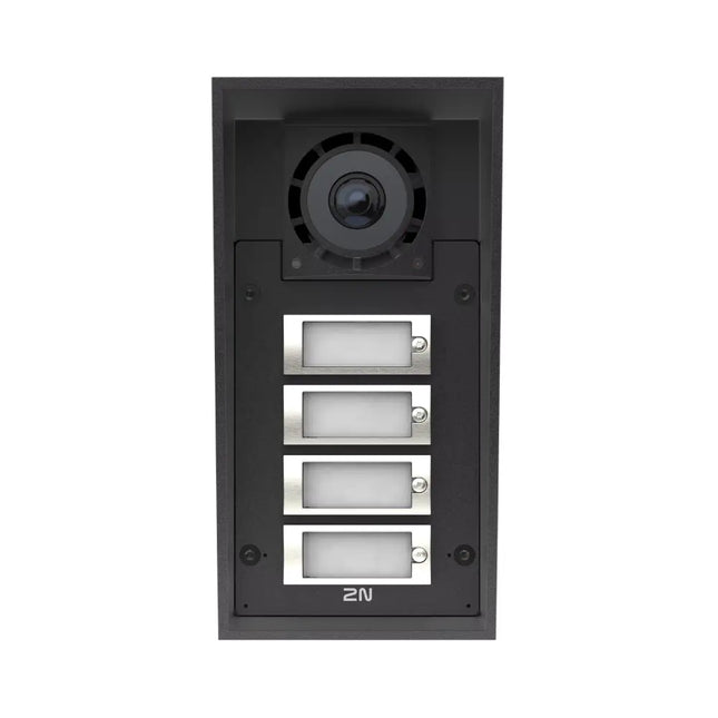 AXIS 2N IP Force outdoor video intercom with 4 mechanical buttons, integrated HD wide-angle camera, and ultra-rugged black aluminum front panel.