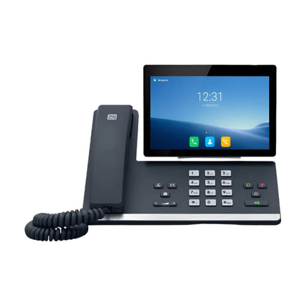 Front view of the Axis 2N IP Phone D7A sleek business concierge station, showcasing its high-definition wired telephone handset alongside a premium adjustable 7-inch touchscreen display.